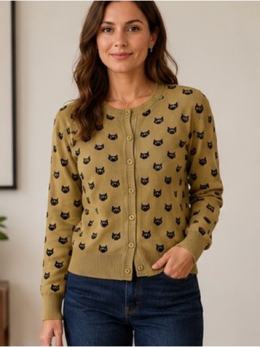 Olive Cat Pattern Button-Front Women's Cardigan Sweater